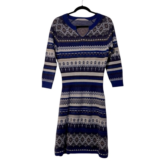 Athleta Fara Fair Isle Sweater Dress Split V-Neck Blue Women Size Medium - Picture 2 of 15